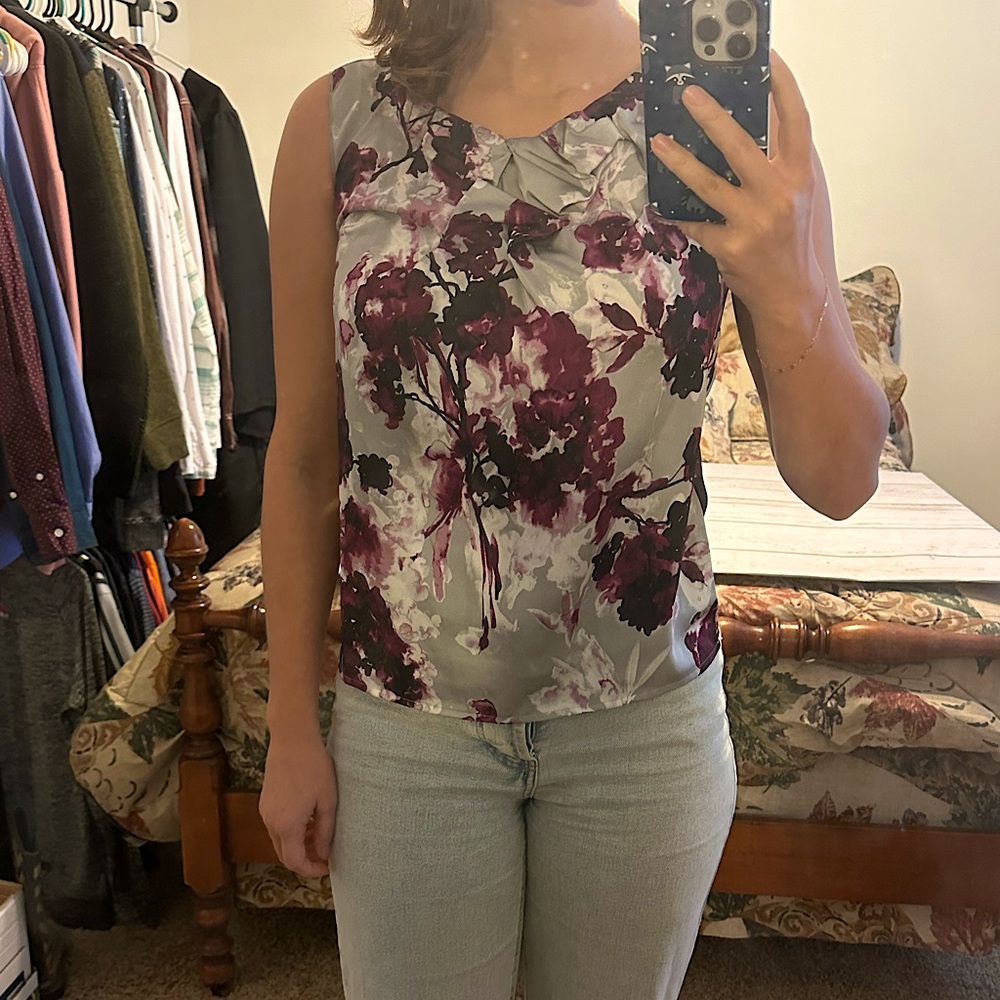 Floral Loft blouse sleeveless; professional attire; women’s petite